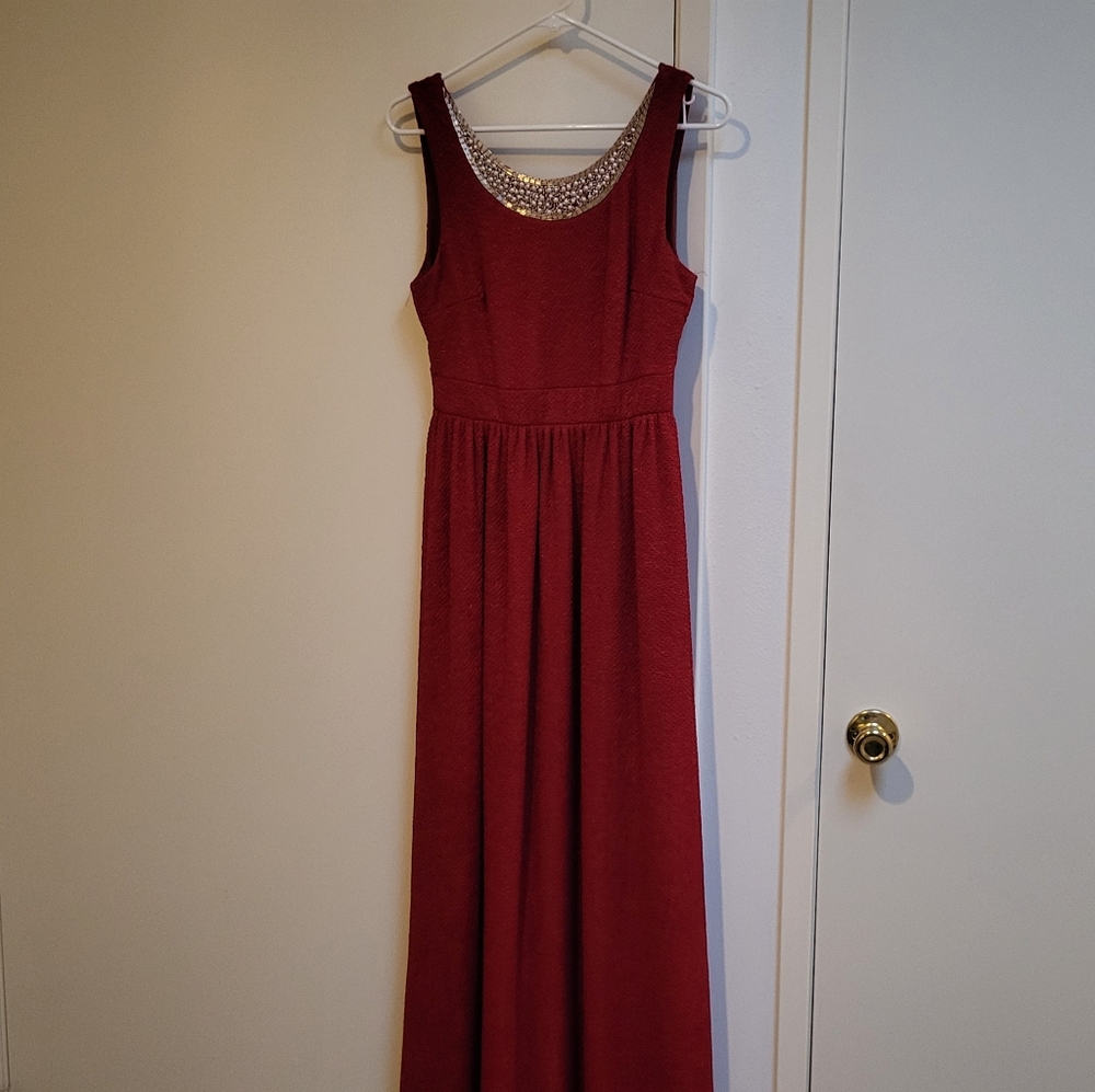Red Maxi Dress With Beaded Neckline